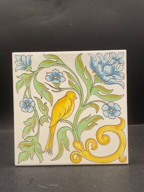 Italian Ceramic Decorative Tile Hand Painted Yellow Bird with Blue Flowers